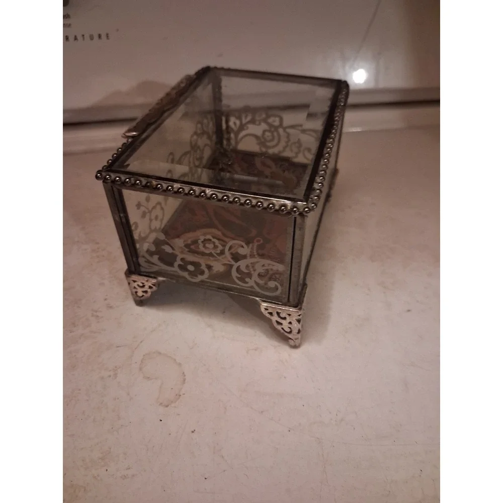 Brighton Silver Hinged Beveled /jewlry Glass Box With Paisly Print 5